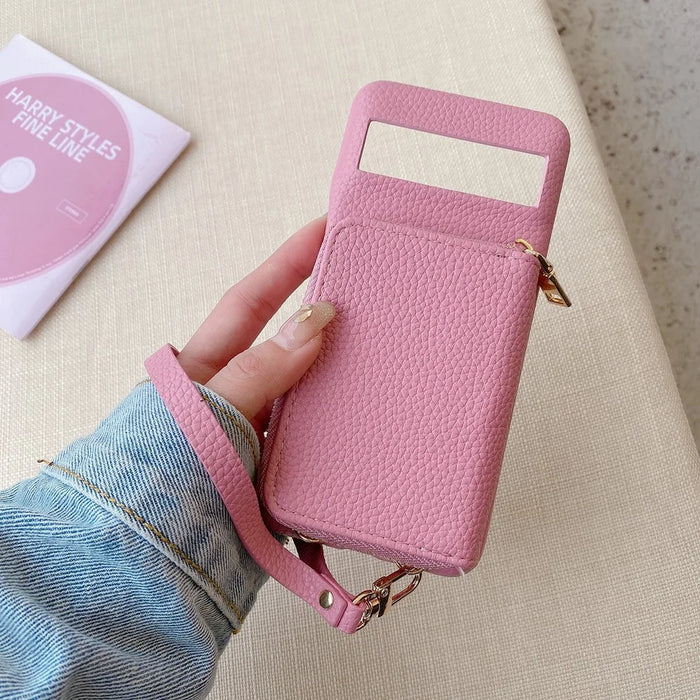 For Google Pixel 8 Pro Case Zipper Card Slots PU Leather Phone Back Cover with Wrist Strap - Pink - 6