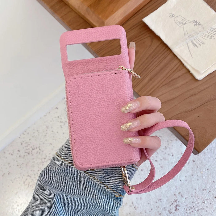 For Google Pixel 8 Pro Case Zipper Card Slots PU Leather Phone Back Cover with Wrist Strap - Pink - 7