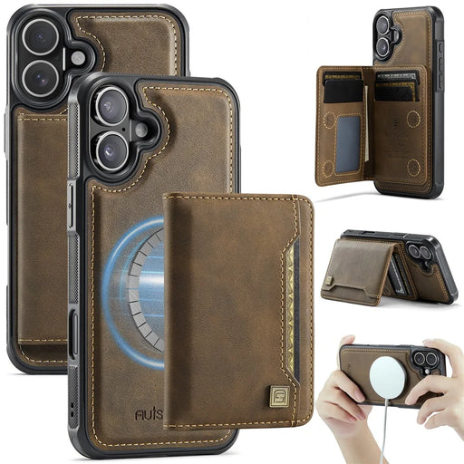 AUTSPACE For iPhone 16 Plus Case  A13 Vintage Leather Back Cover with Magnetic Detachable Card Bag - Coffee - 1