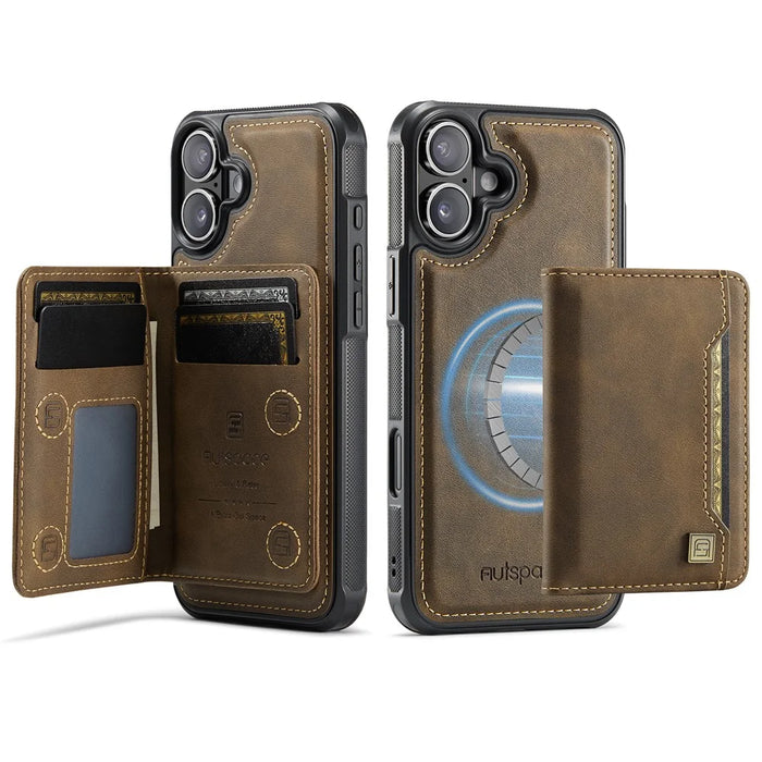 AUTSPACE For iPhone 16 Plus Case  A13 Vintage Leather Back Cover with Magnetic Detachable Card Bag - Coffee - 3