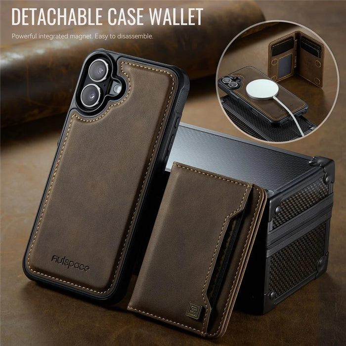 AUTSPACE For iPhone 16 Plus Case  A13 Vintage Leather Back Cover with Magnetic Detachable Card Bag - Coffee - 4