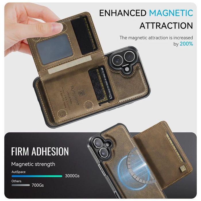 AUTSPACE For iPhone 16 Plus Case  A13 Vintage Leather Back Cover with Magnetic Detachable Card Bag - Coffee - 6