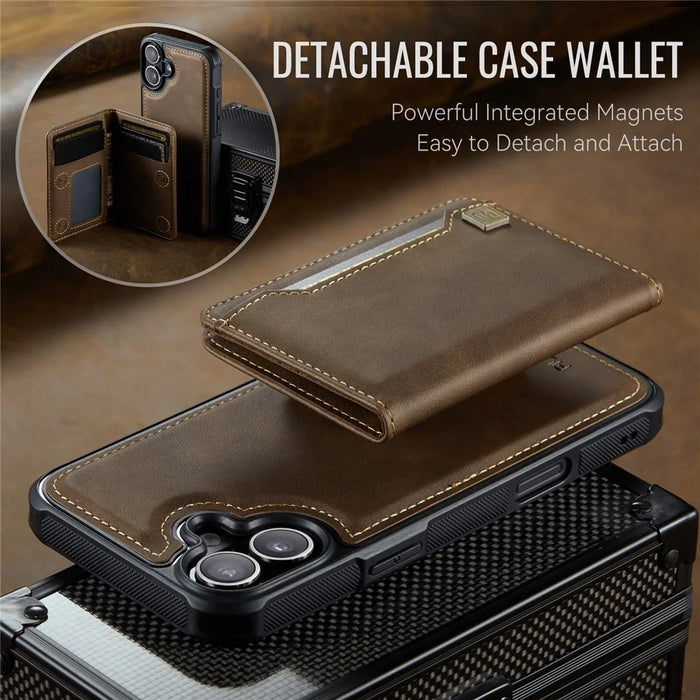 AUTSPACE For iPhone 16 Plus Case  A13 Vintage Leather Back Cover with Magnetic Detachable Card Bag - Coffee - 7