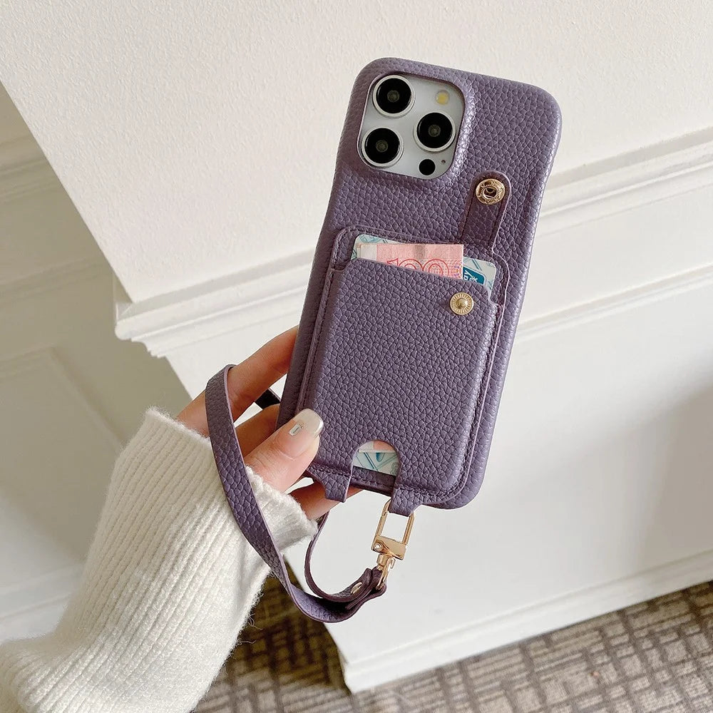 For iPhone 14 Pro Max Case Multi-Functional Card Slots Leather Back Cover with Wrist Strap - Purple - 4