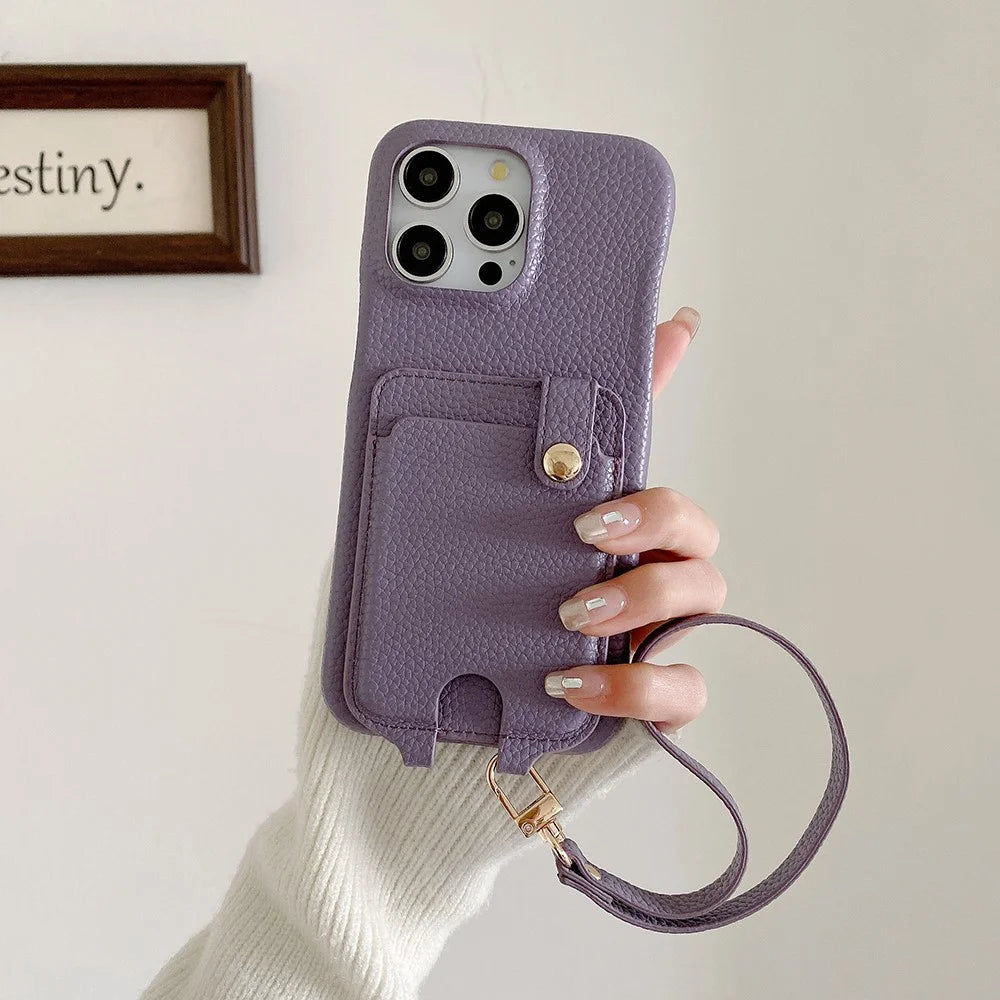 For iPhone 14 Pro Max Case Multi-Functional Card Slots Leather Back Cover with Wrist Strap - Purple - 5