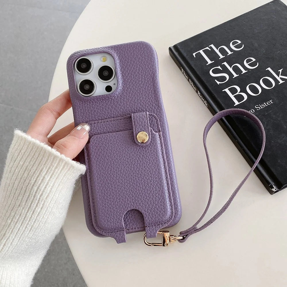 For iPhone 14 Pro Max Case Multi-Functional Card Slots Leather Back Cover with Wrist Strap - Purple - 6