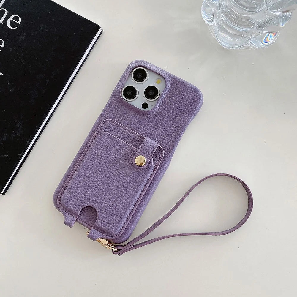 For iPhone 14 Pro Max Case Multi-Functional Card Slots Leather Back Cover with Wrist Strap - Purple - 7