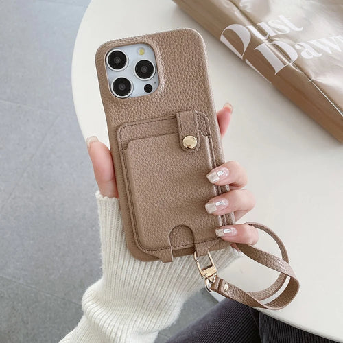 For iPhone 14 Pro Case Multi-Functional Card Slots Leather Back Cover with Wrist Strap - Light Brown - 1