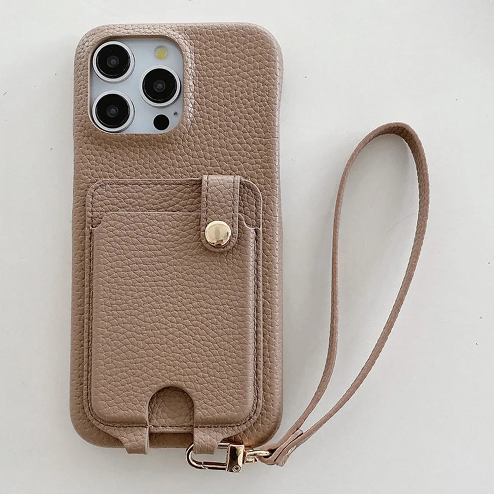 For iPhone 14 Pro Case Multi-Functional Card Slots Leather Back Cover with Wrist Strap - Light Brown - 2