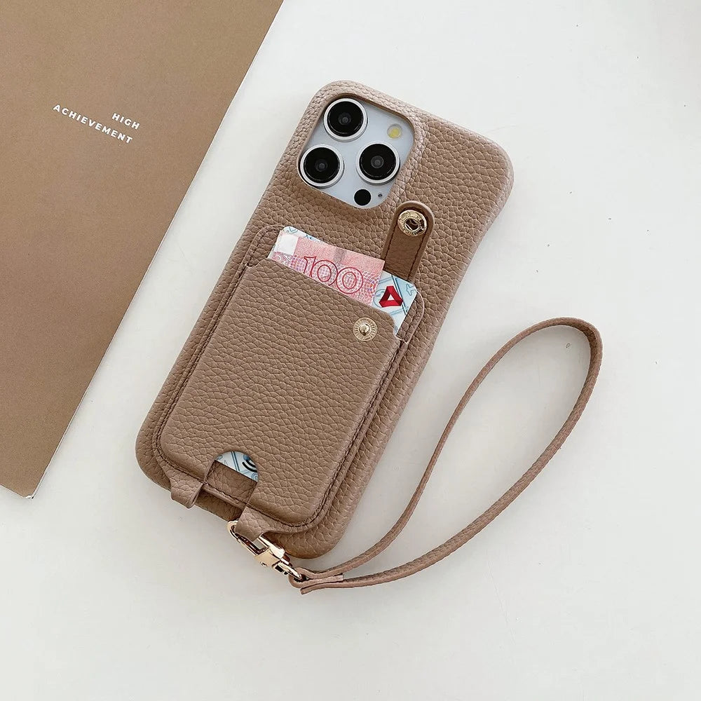 For iPhone 14 Pro Case Multi-Functional Card Slots Leather Back Cover with Wrist Strap - Light Brown - 4