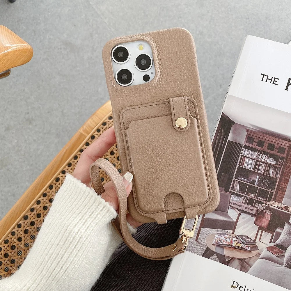 For iPhone 14 Pro Case Multi-Functional Card Slots Leather Back Cover with Wrist Strap - Light Brown - 5