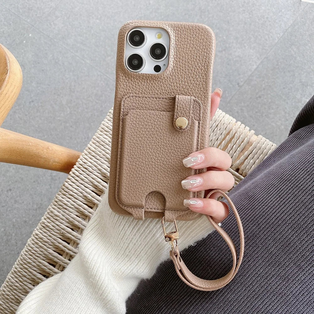 For iPhone 14 Pro Case Multi-Functional Card Slots Leather Back Cover with Wrist Strap - Light Brown - 6