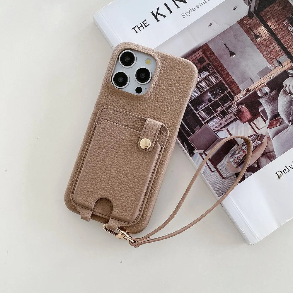 For iPhone 14 Pro Case Multi-Functional Card Slots Leather Back Cover with Wrist Strap - Light Brown - 7
