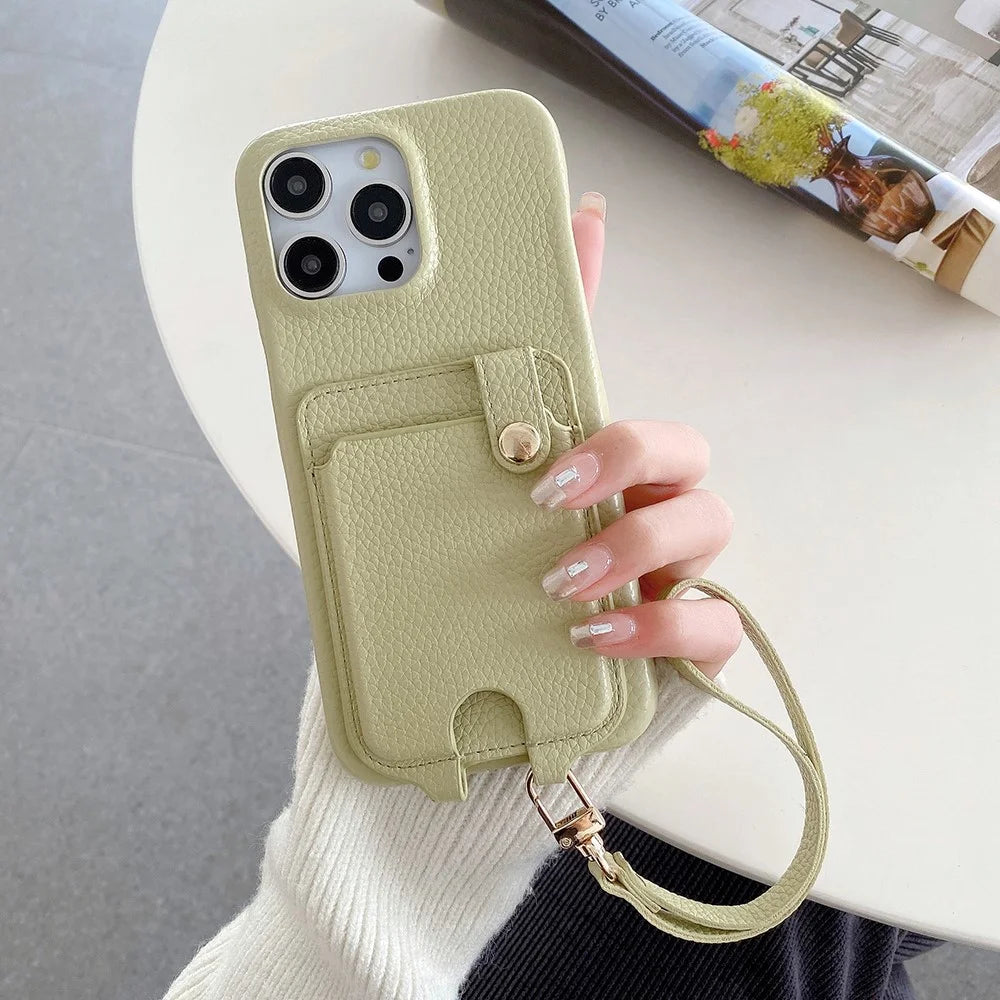 For iPhone 15 Pro Max Case Multi-Functional Card Slots Leather Back Cover with Wrist Strap - Green - 1
