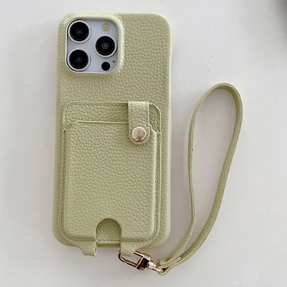 For iPhone 15 Pro Max Case Multi-Functional Card Slots Leather Back Cover with Wrist Strap - Green - 2