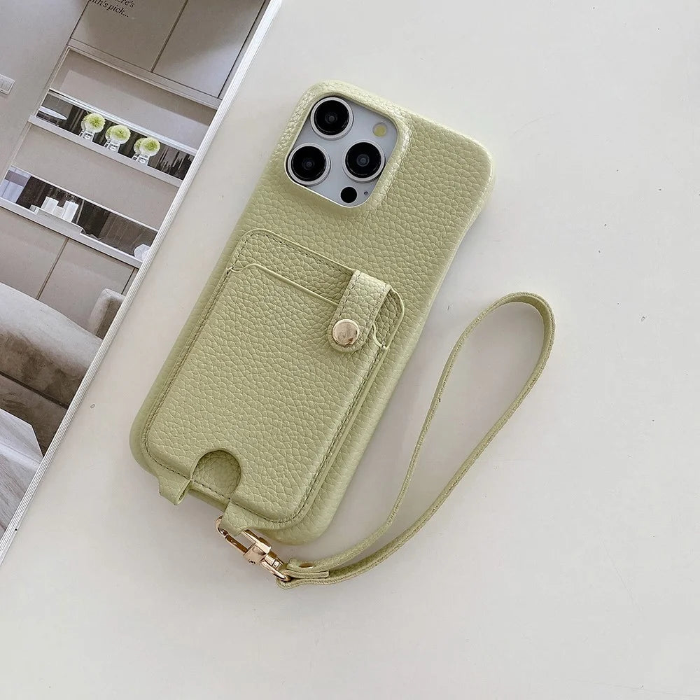 For iPhone 15 Pro Max Case Multi-Functional Card Slots Leather Back Cover with Wrist Strap - Green - 4
