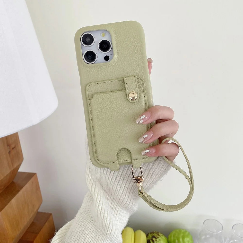 For iPhone 15 Pro Max Case Multi-Functional Card Slots Leather Back Cover with Wrist Strap - Green - 5