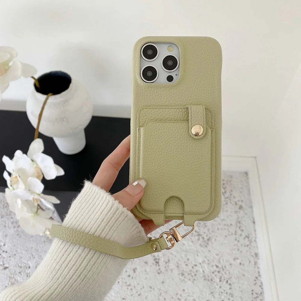 For iPhone 15 Pro Max Case Multi-Functional Card Slots Leather Back Cover with Wrist Strap - Green - 6