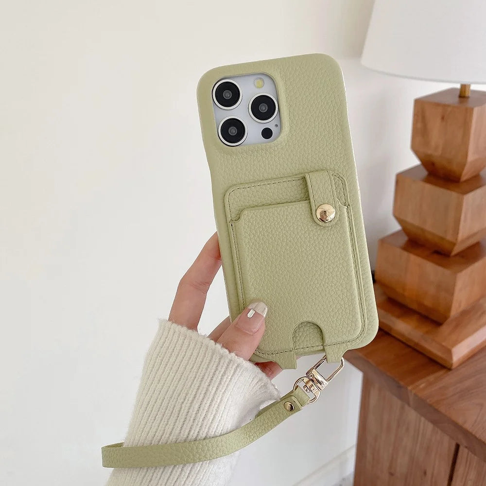 For iPhone 15 Pro Max Case Multi-Functional Card Slots Leather Back Cover with Wrist Strap - Green - 7