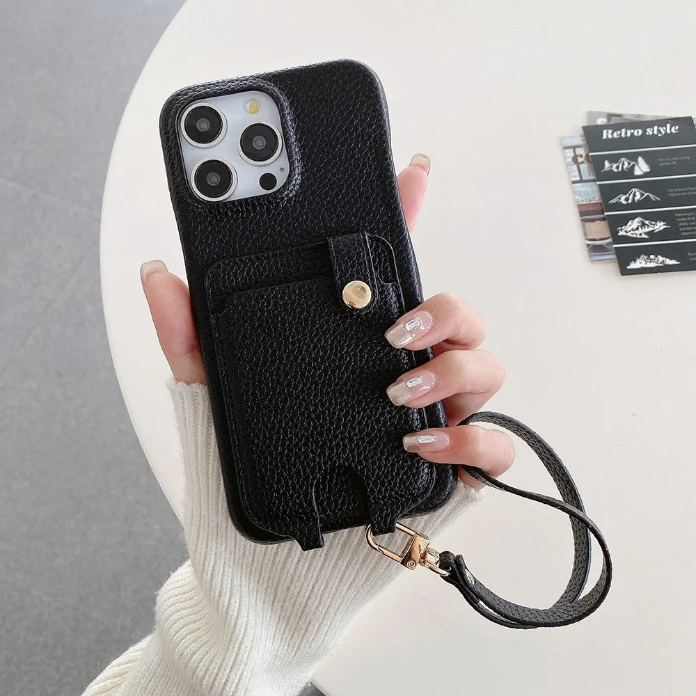 For iPhone 15 Pro Case Multi-Functional Card Slots Leather Back Cover with Wrist Strap - Black - 1