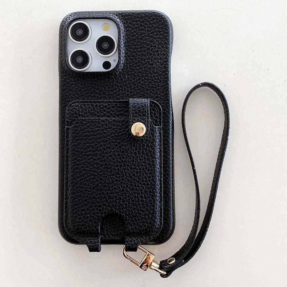For iPhone 15 Pro Case Multi-Functional Card Slots Leather Back Cover with Wrist Strap - Black - 2