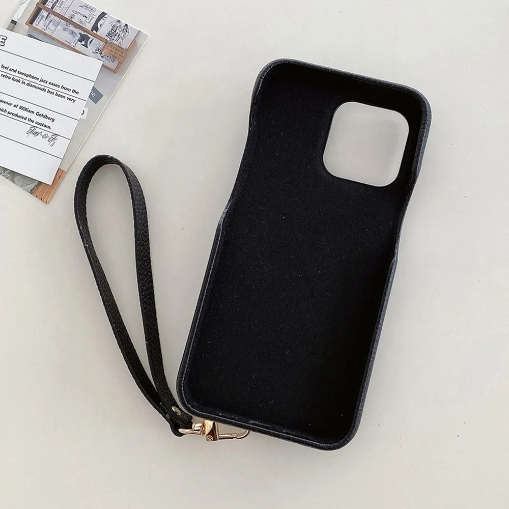 For iPhone 15 Pro Case Multi-Functional Card Slots Leather Back Cover with Wrist Strap - Black - 3