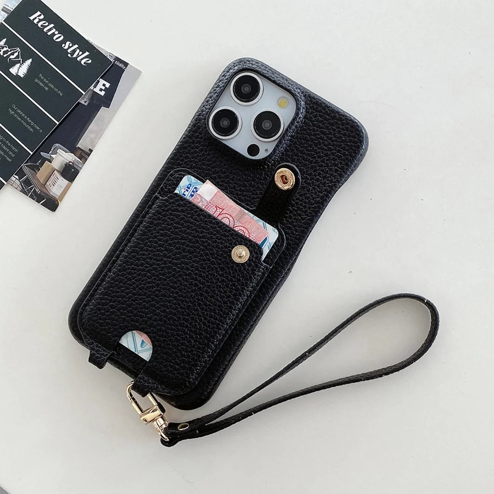 For iPhone 15 Pro Case Multi-Functional Card Slots Leather Back Cover with Wrist Strap - Black - 4