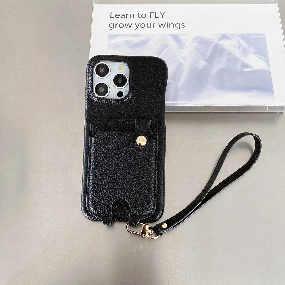 For iPhone 15 Pro Case Multi-Functional Card Slots Leather Back Cover with Wrist Strap - Black - 5