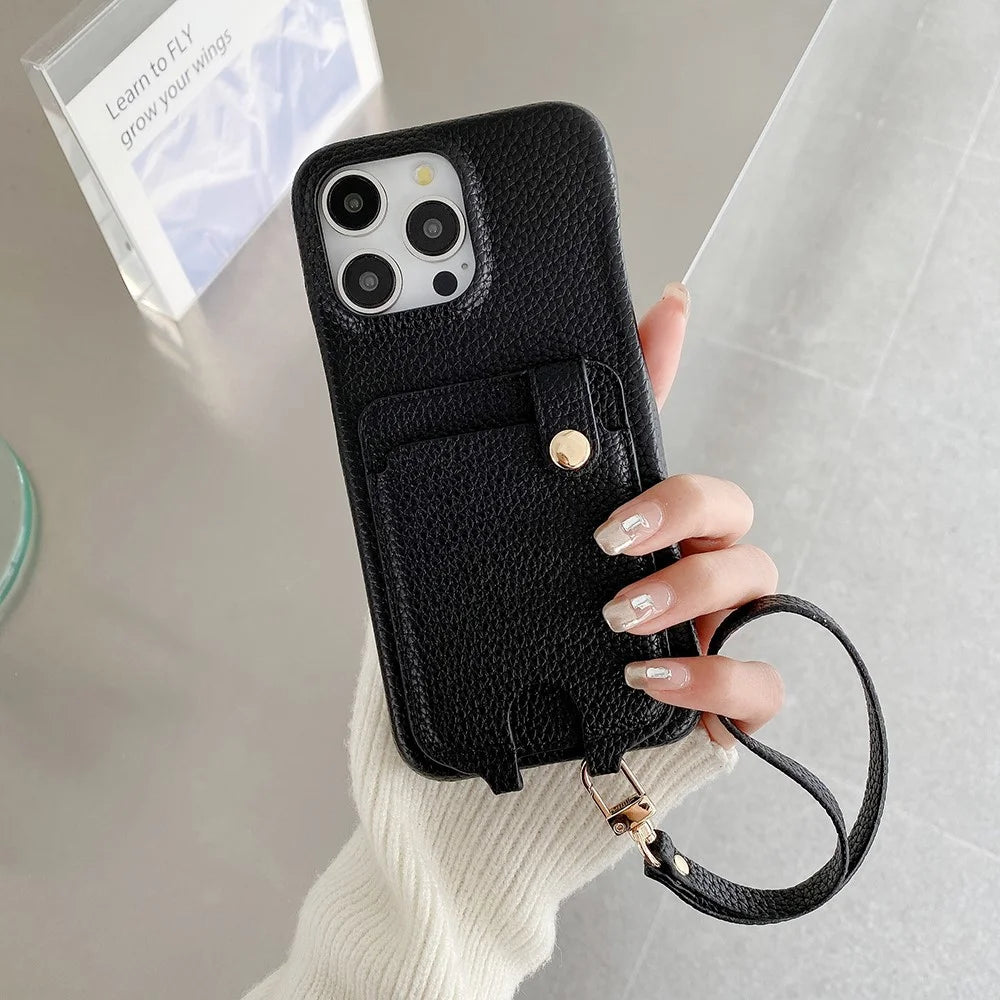For iPhone 15 Pro Case Multi-Functional Card Slots Leather Back Cover with Wrist Strap - Black - 6