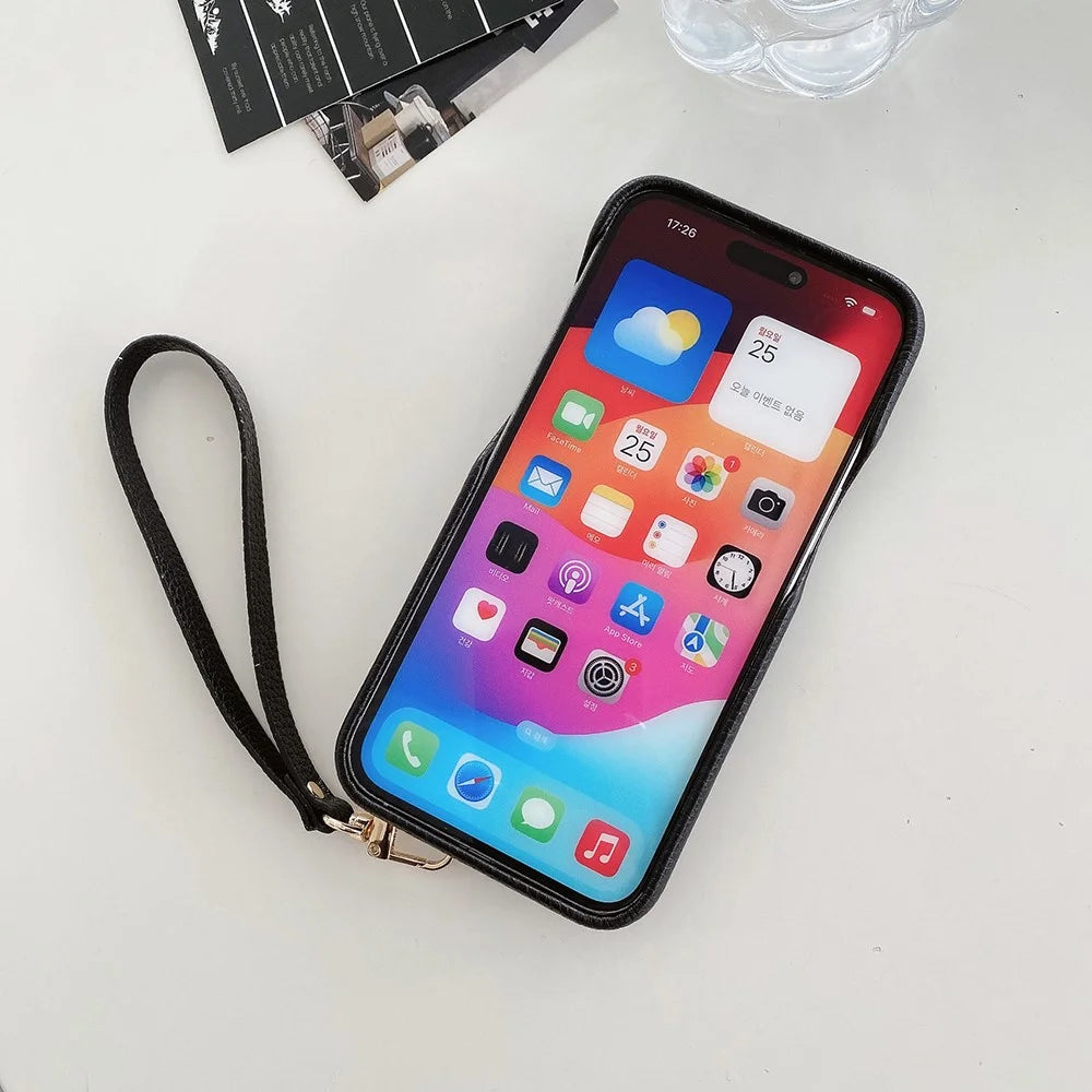 For iPhone 15 Pro Case Multi-Functional Card Slots Leather Back Cover with Wrist Strap - Black - 7