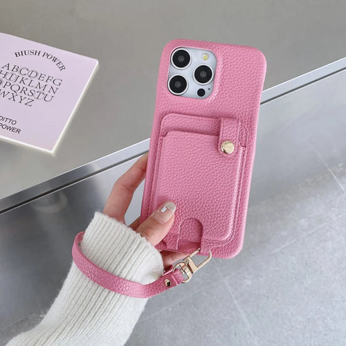 For iPhone 16 Pro Max Case Multi-Functional Card Slots Leather Back Cover with Wrist Strap - Pink - 1