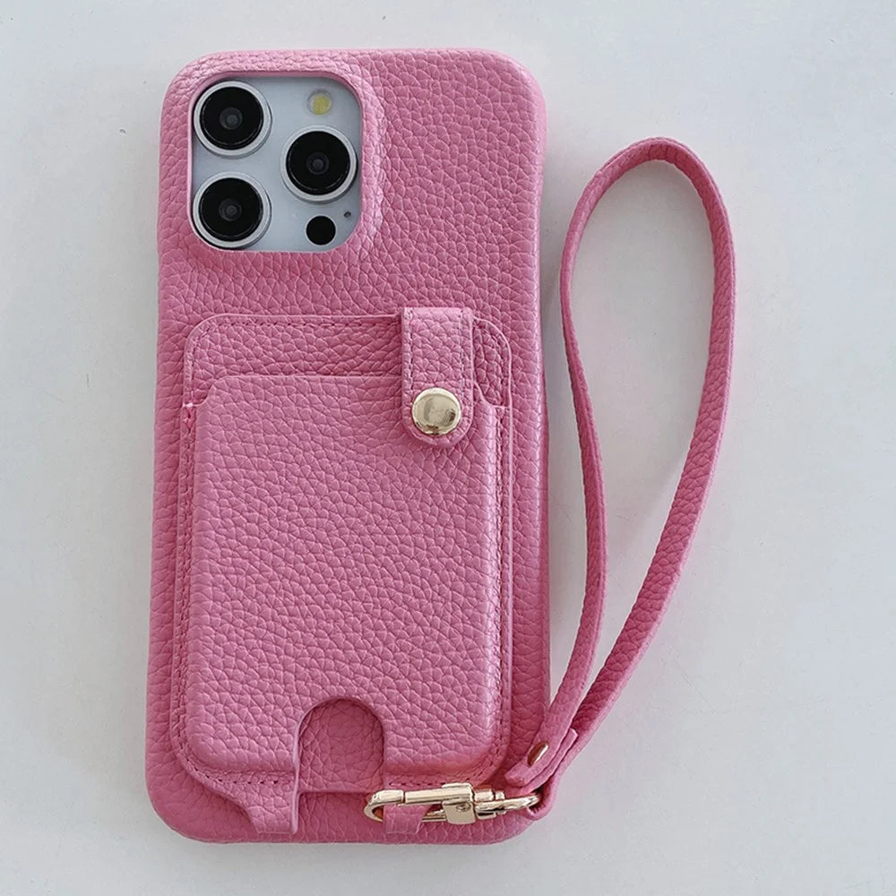 For iPhone 16 Pro Max Case Multi-Functional Card Slots Leather Back Cover with Wrist Strap - Pink - 2