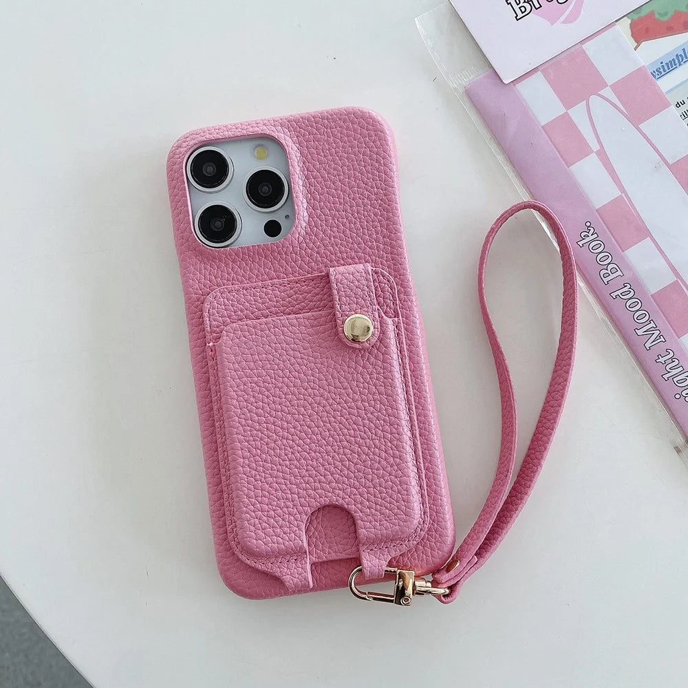For iPhone 16 Pro Max Case Multi-Functional Card Slots Leather Back Cover with Wrist Strap - Pink - 4