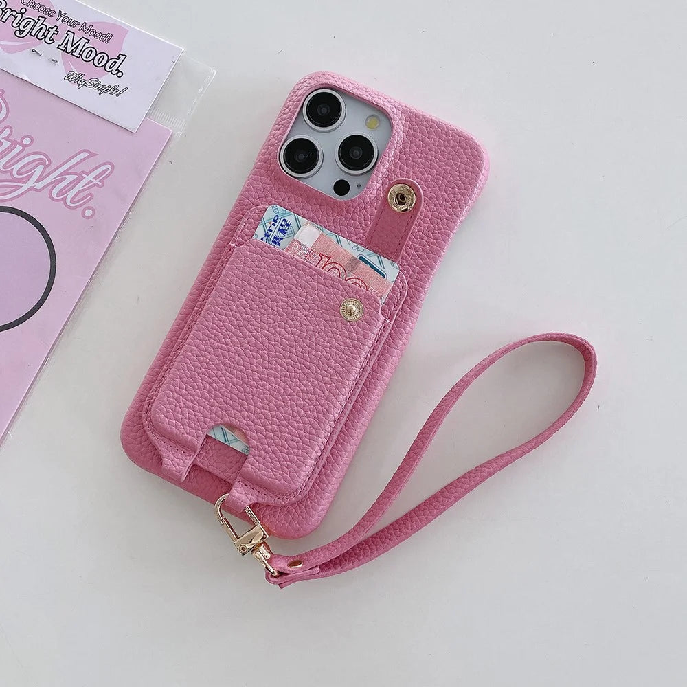 For iPhone 16 Pro Max Case Multi-Functional Card Slots Leather Back Cover with Wrist Strap - Pink - 5