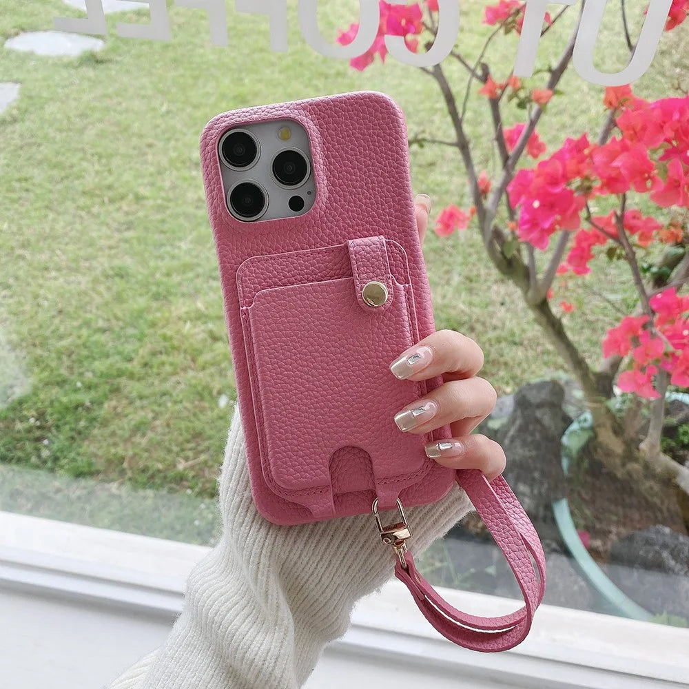 For iPhone 16 Pro Max Case Multi-Functional Card Slots Leather Back Cover with Wrist Strap - Pink - 6