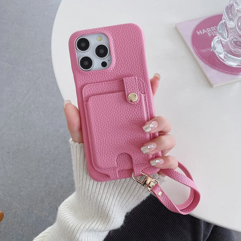 For iPhone 16 Pro Max Case Multi-Functional Card Slots Leather Back Cover with Wrist Strap - Pink - 7