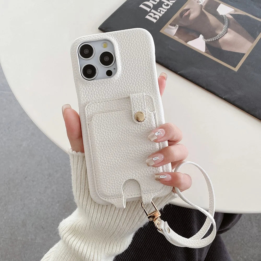 For iPhone 16 Pro Case Multi-Functional Card Slots Leather Back Cover with Wrist Strap - White - 1