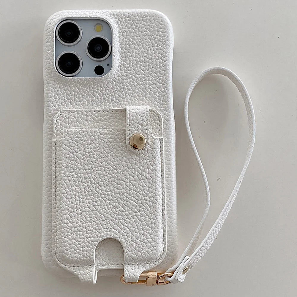For iPhone 16 Pro Case Multi-Functional Card Slots Leather Back Cover with Wrist Strap - White - 2