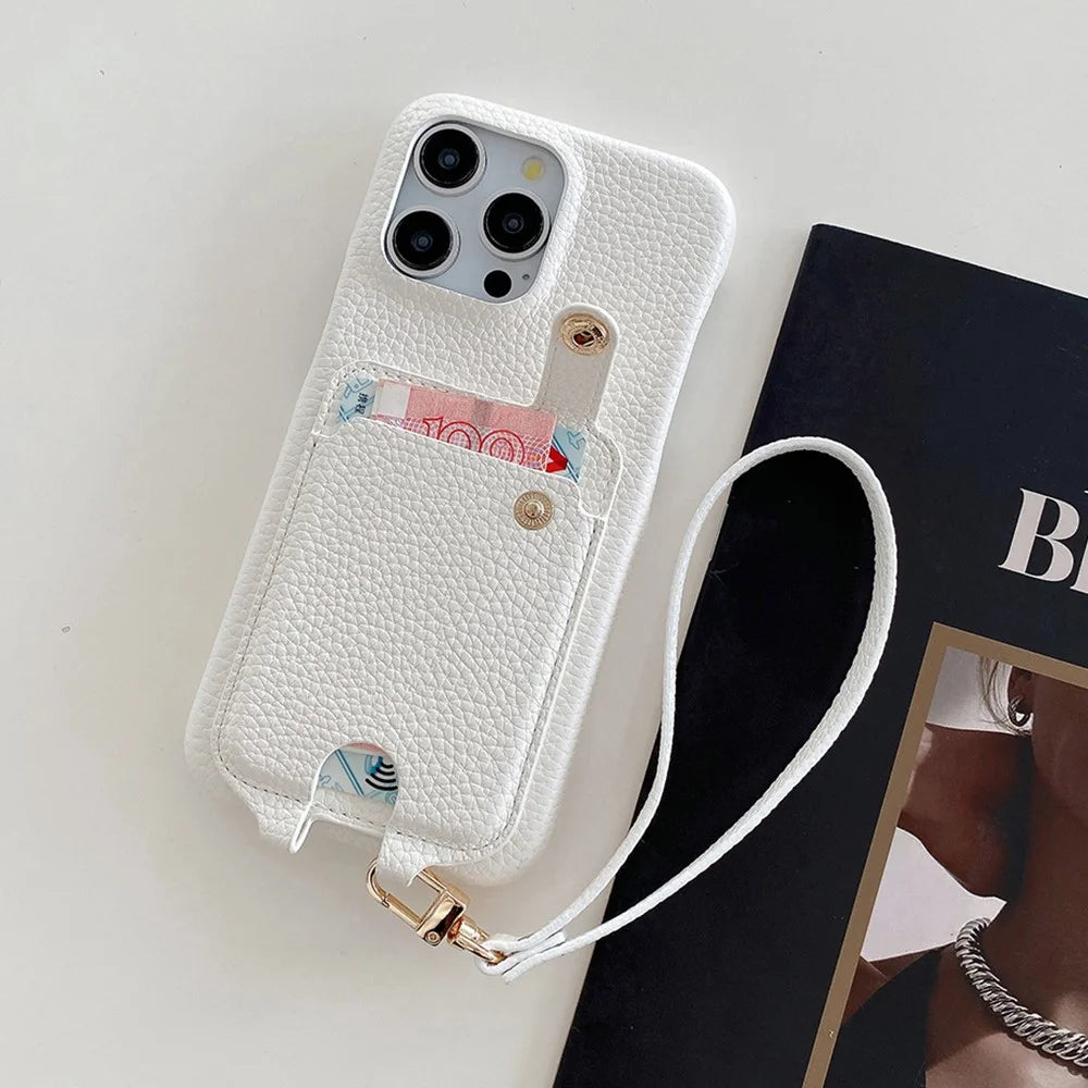 For iPhone 16 Pro Case Multi-Functional Card Slots Leather Back Cover with Wrist Strap - White - 4