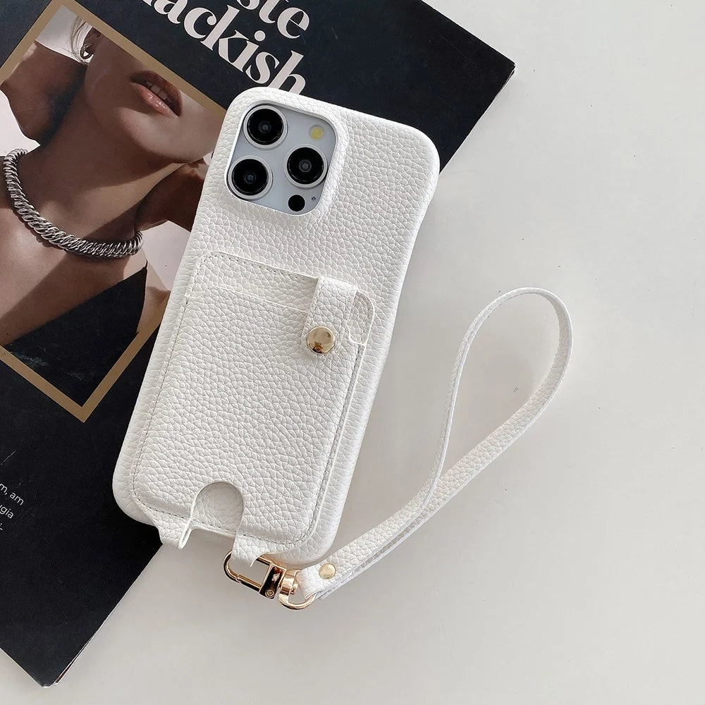 For iPhone 16 Pro Case Multi-Functional Card Slots Leather Back Cover with Wrist Strap - White - 5