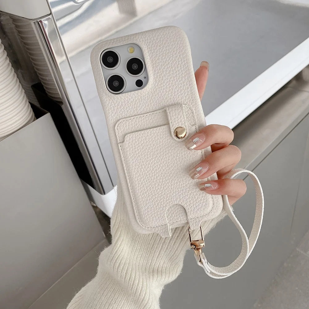 For iPhone 16 Pro Case Multi-Functional Card Slots Leather Back Cover with Wrist Strap - White - 6