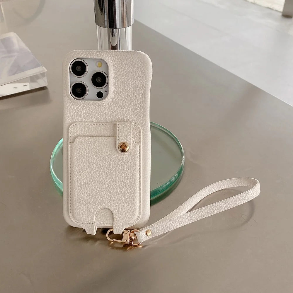 For iPhone 16 Pro Case Multi-Functional Card Slots Leather Back Cover with Wrist Strap - White - 7