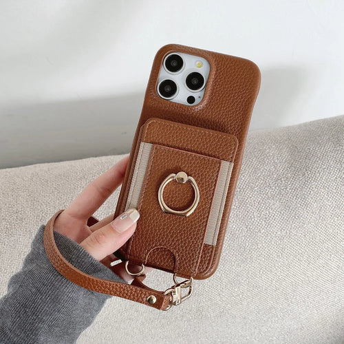 For iPhone 16 Pro Max Case Card Slots Kickstand PU Leather Back Cover with Ring Holder, Wrist Strap - Dark Brown - 1
