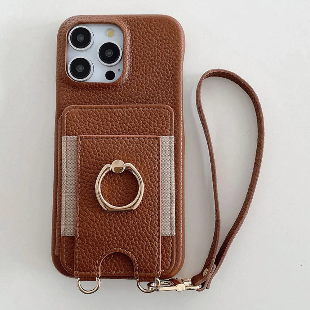 For iPhone 16 Pro Max Case Card Slots Kickstand PU Leather Back Cover with Ring Holder, Wrist Strap - Dark Brown - 2