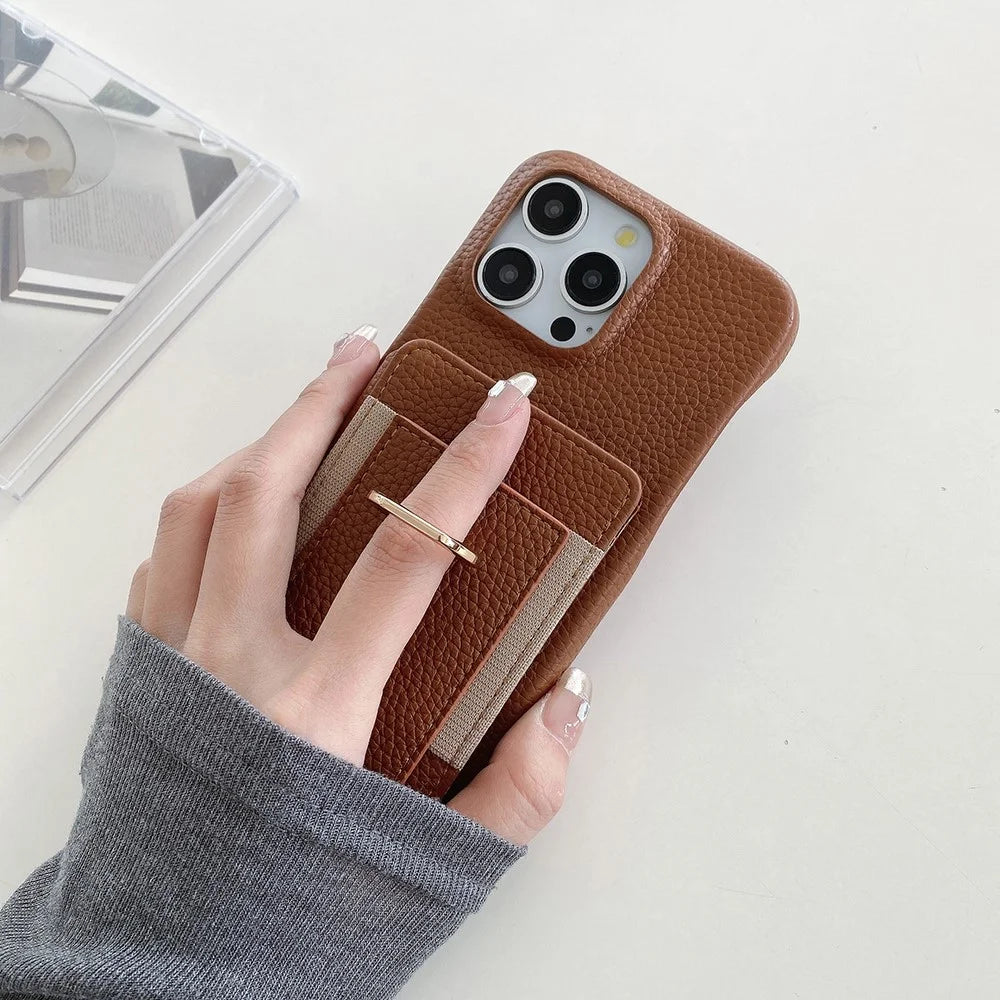 For iPhone 16 Pro Max Case Card Slots Kickstand PU Leather Back Cover with Ring Holder, Wrist Strap - Dark Brown - 3