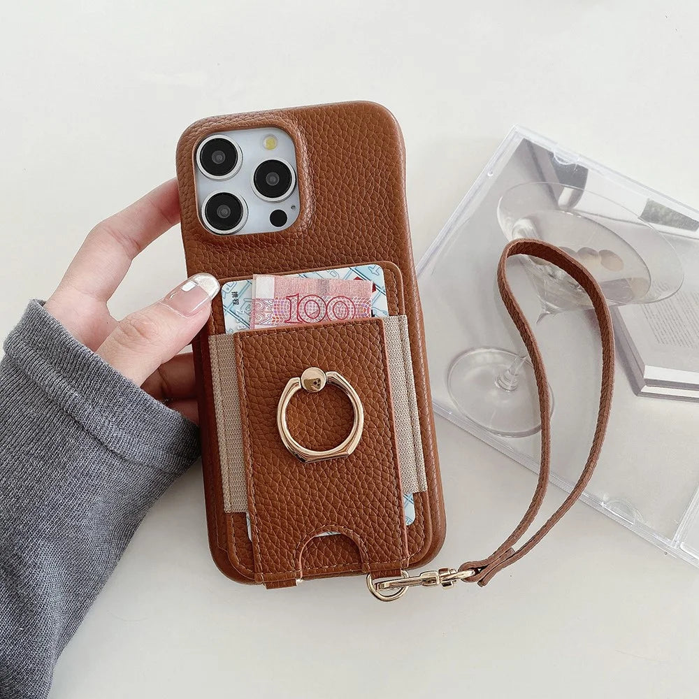 For iPhone 16 Pro Max Case Card Slots Kickstand PU Leather Back Cover with Ring Holder, Wrist Strap - Dark Brown - 4