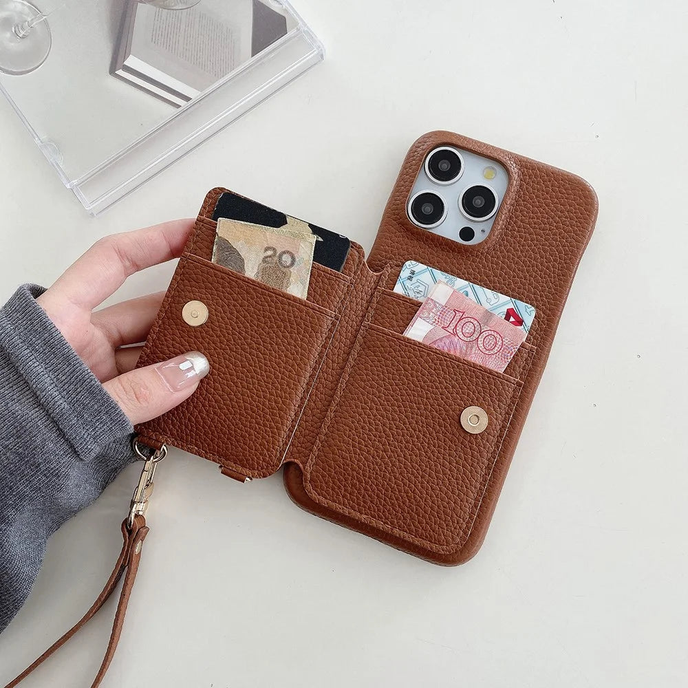 For iPhone 16 Pro Max Case Card Slots Kickstand PU Leather Back Cover with Ring Holder, Wrist Strap - Dark Brown - 5