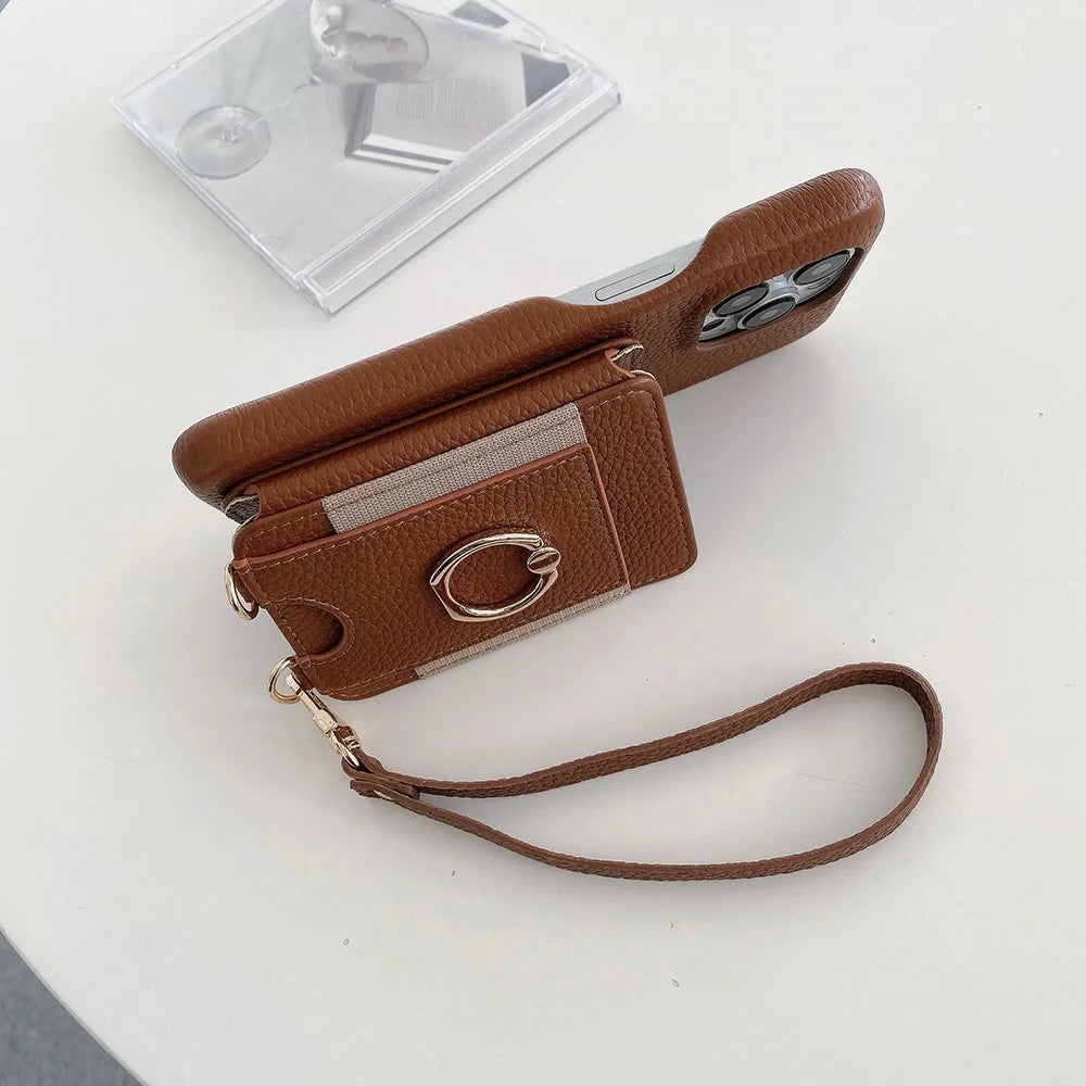 For iPhone 16 Pro Max Case Card Slots Kickstand PU Leather Back Cover with Ring Holder, Wrist Strap - Dark Brown - 6