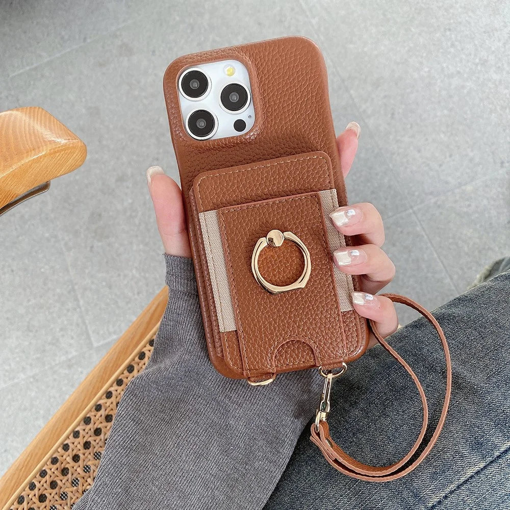 For iPhone 16 Pro Max Case Card Slots Kickstand PU Leather Back Cover with Ring Holder, Wrist Strap - Dark Brown - 7