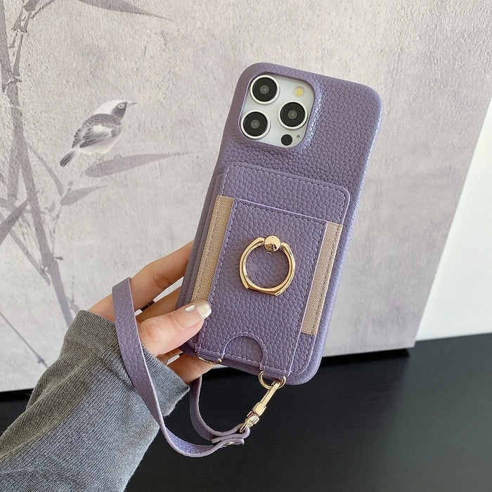 For iPhone 16 Pro Case Card Slots Kickstand PU Leather Back Cover with Ring Holder, Wrist Strap - Purple - 1
